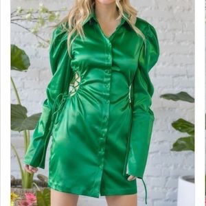 Satin Button Down Lace Up Side Shirt Dress